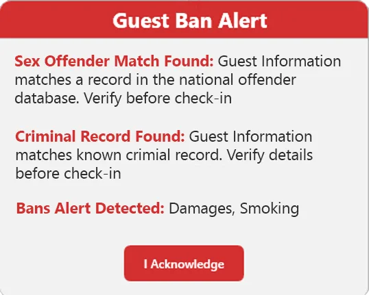 Guest Ban Do Not Rent alert on the front desk