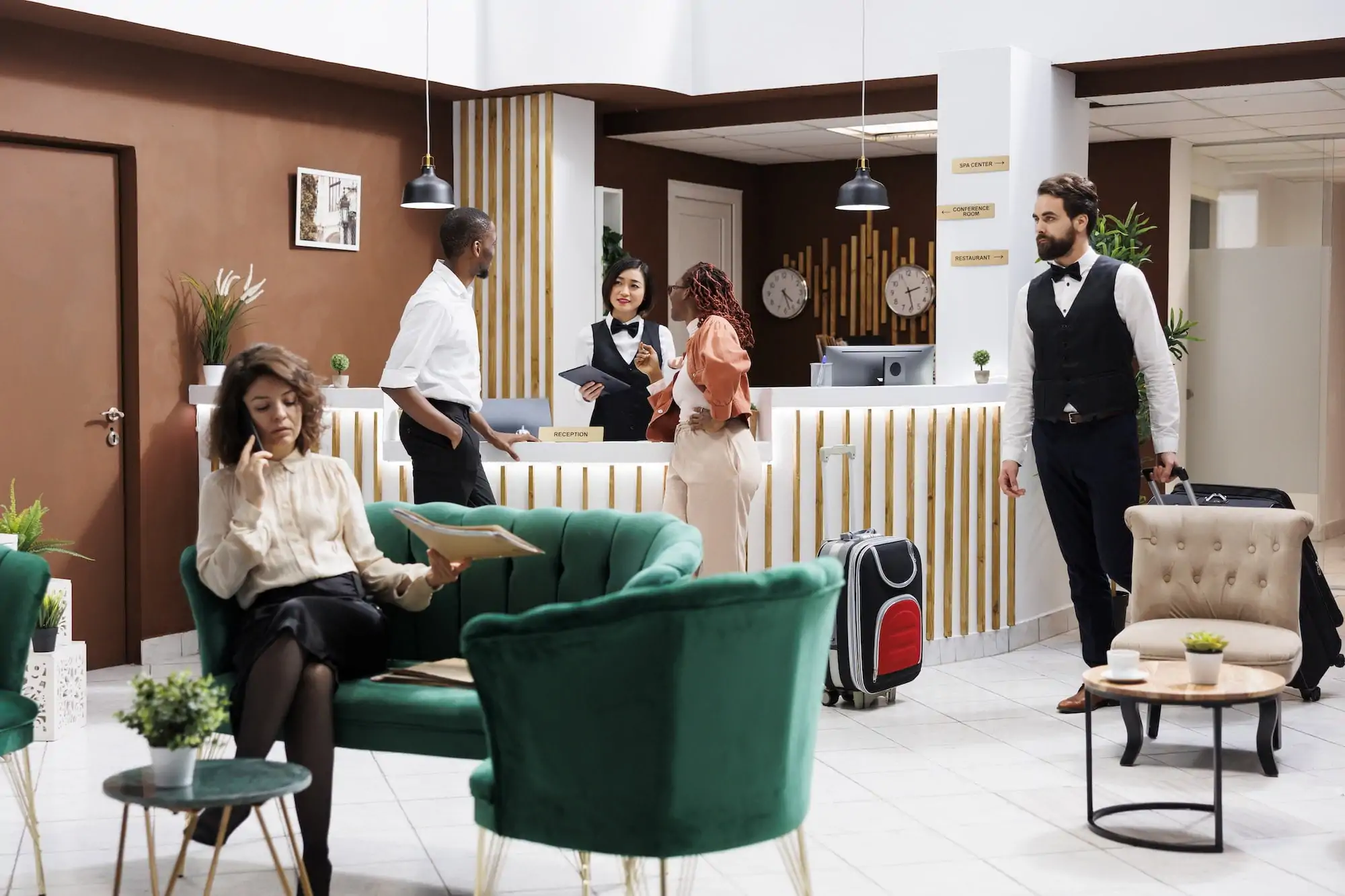 Guests checking in at modern hotel
