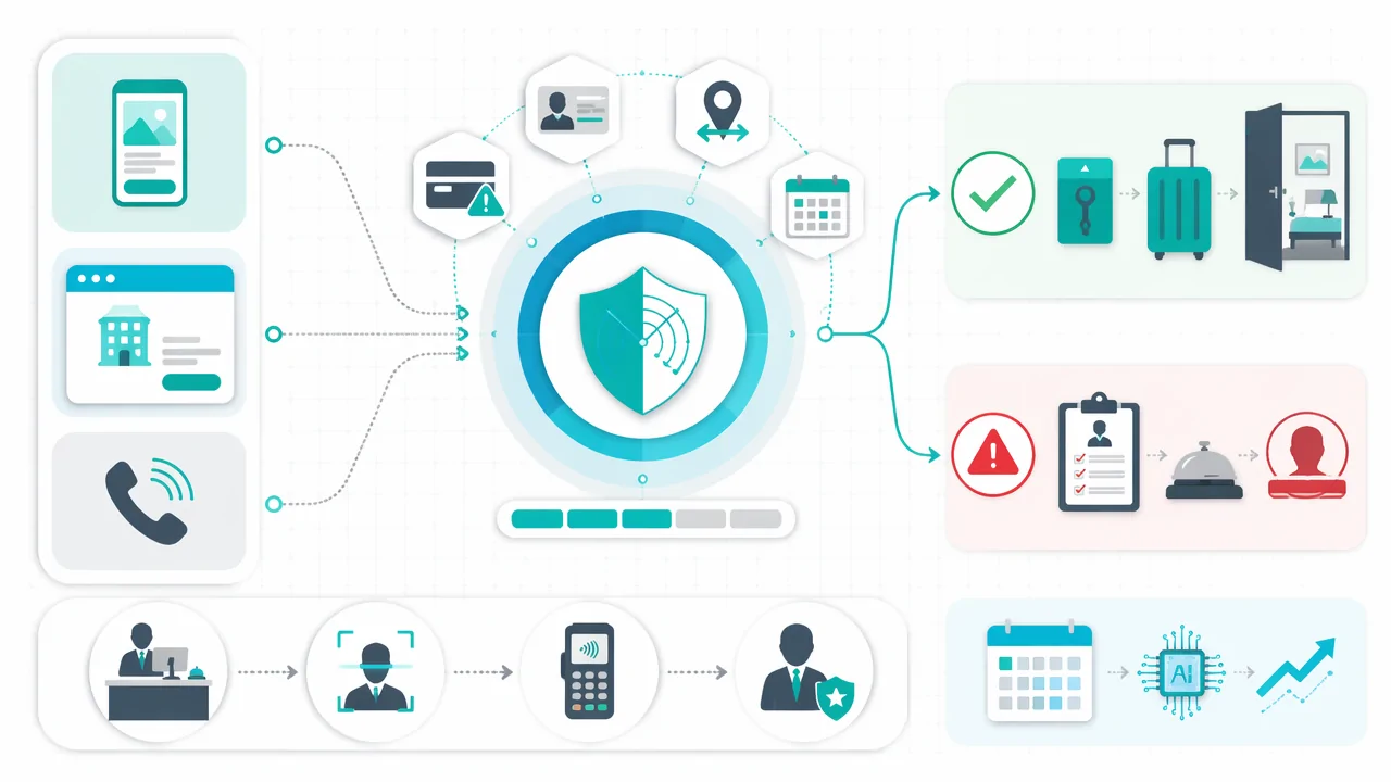 Infographic showing hotel reservation fraud detection workflow with booking sources, scoring signals, front desk review steps, and approval or alert outcomes.