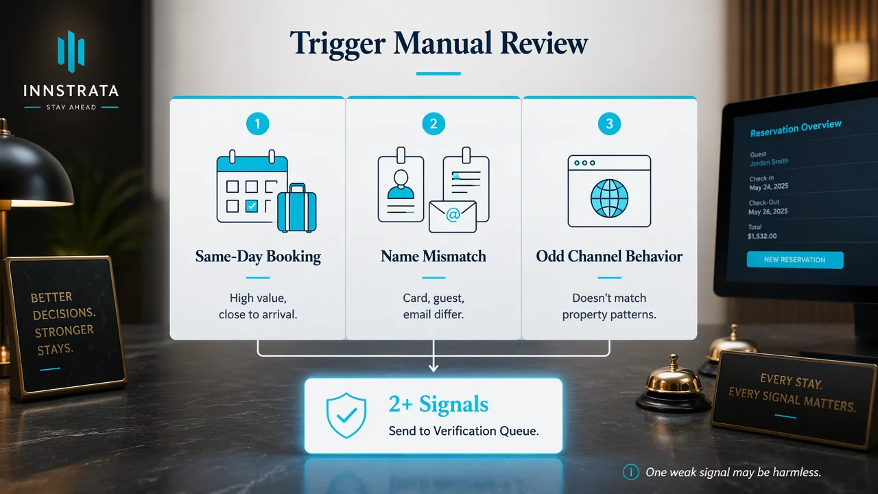 Infographic showing booking signals that should trigger manual review for hotel reservation fraud.