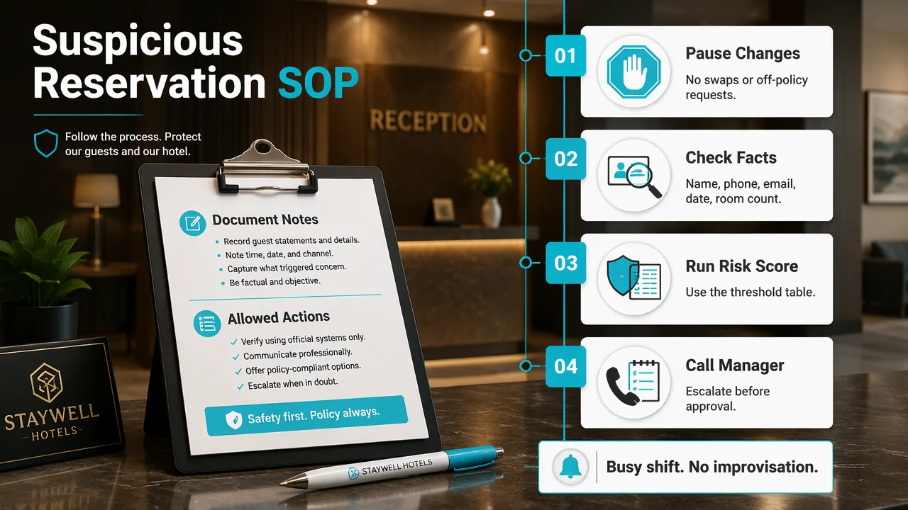 Annotated front desk SOP workflow for handling suspicious hotel reservations.